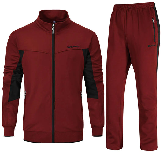 BGOWATU Mens Tracksuits 2 Piece Running Jackets Athletic Pants Sports Suit with Zipper Pockets Wine Red + Black M