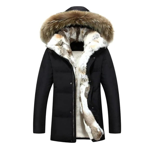 Hzcx Fashion Mens Fur Collar Hooded Warm Fleece Lined Down Jackets and Coats(BlackM(38))