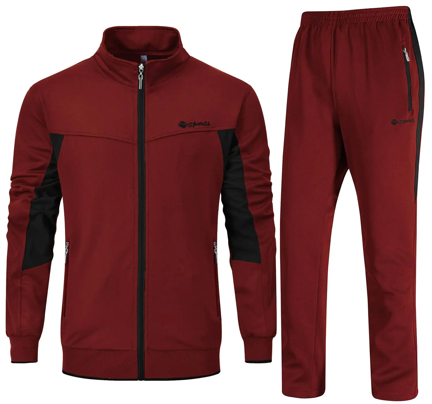 BGOWATU Mens Tracksuits 2 Piece Running Jackets Athletic Pants Sports Suit with Zipper Pockets Wine Red + Black M