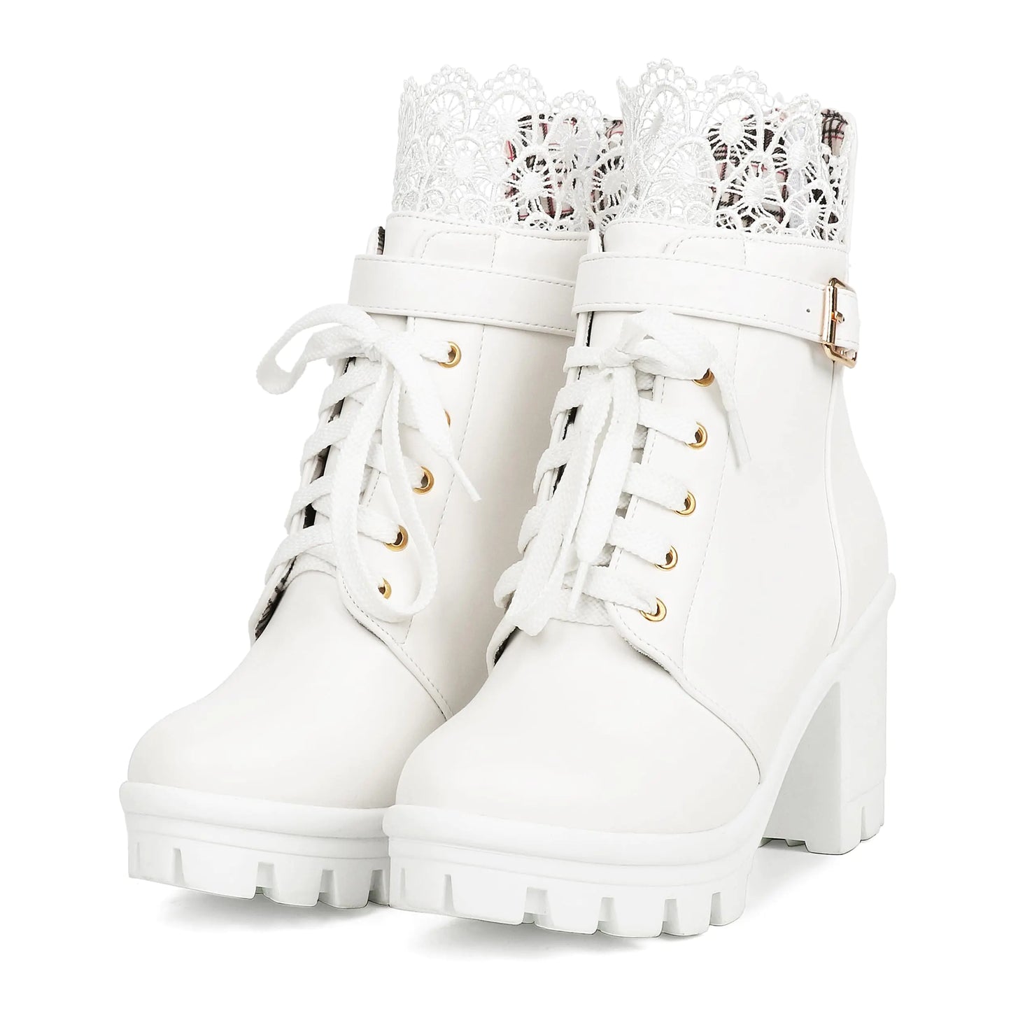 BEAUPAS Womens Platform High Heels Chunky Boots Lace Up Gothic Ankle Booties Block Heel Buckle Punk White Boots for Women Shoes(White8.5)