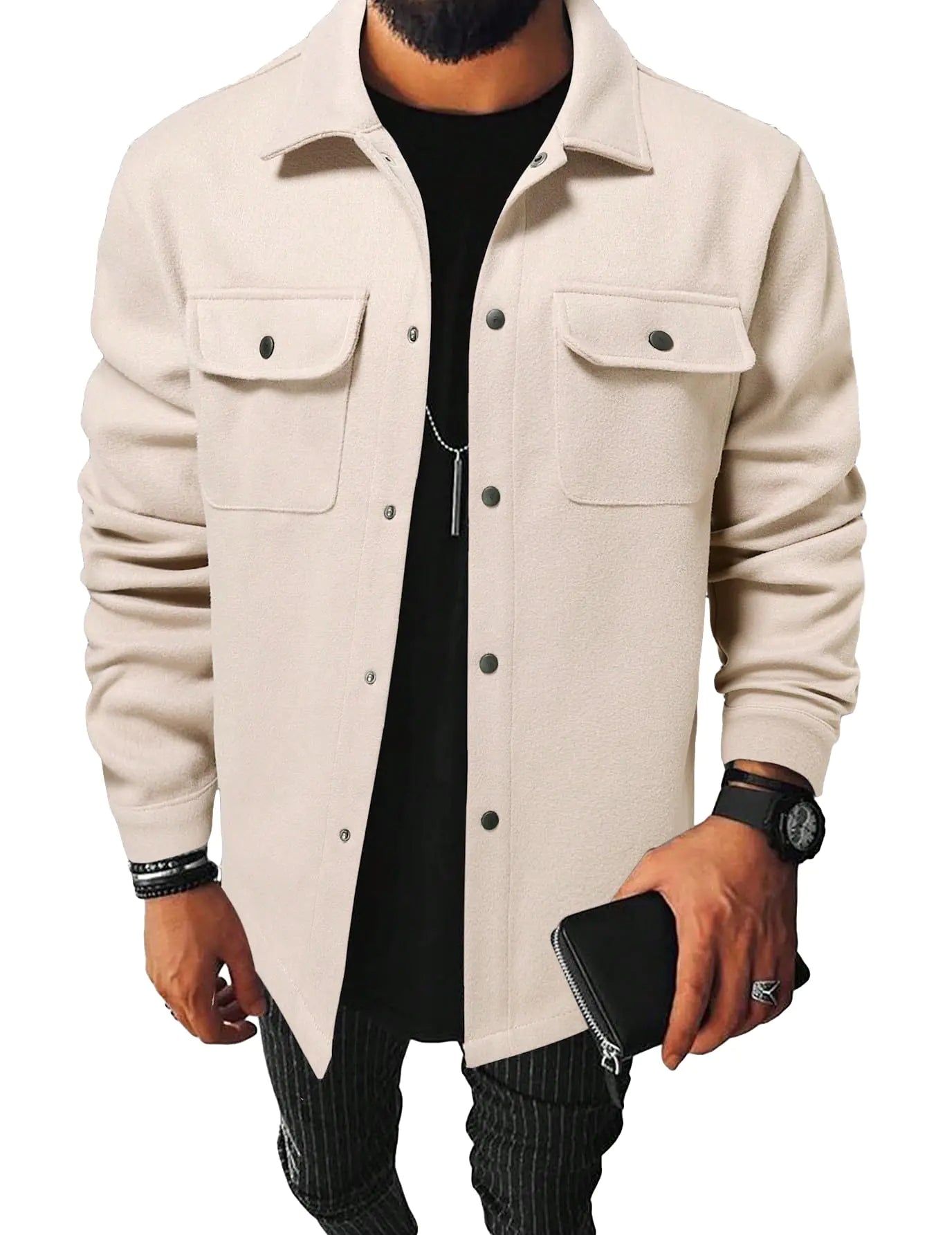 Floerns Mens Casual Flap Pocket Button Front Long Sleeve Jackets Apricot L